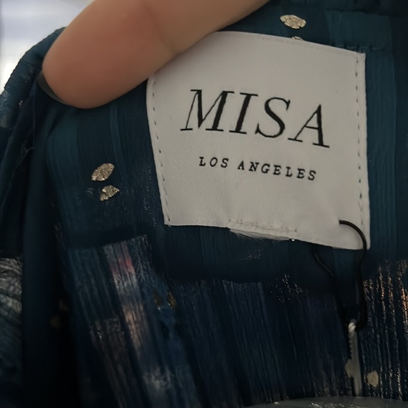 Misa Los Angeles Gabriella Asymmetric Striped Wrap Midi-Dress sheer long sleeve - Picture 12 of 14